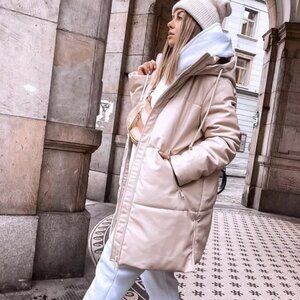 Zara Faux Leather Puffer Coat with Side Zips in Ecru